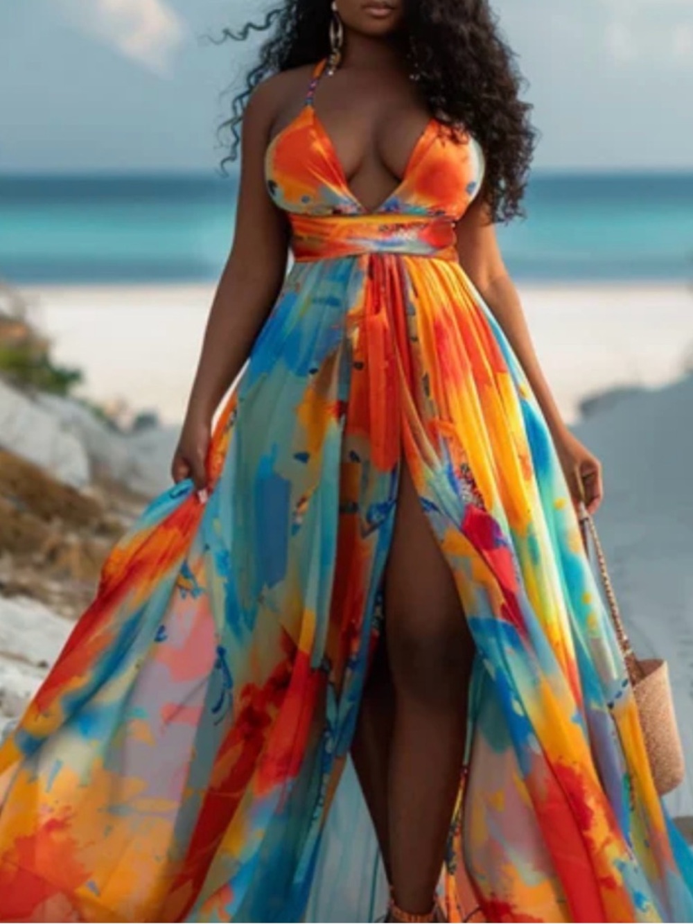 LORAGAL- Multicoloured halter- maxi dress with open back.  XL. NWT